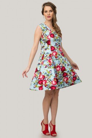 Rochie bleu in clos cu imprimeu floral