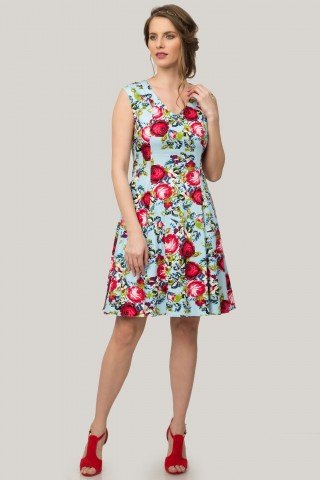 Rochie bleu in clos cu imprimeu floral