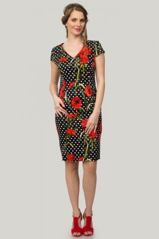 Rochie neagra tip creion cu imprimeu floral si buline