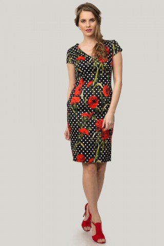 Rochie neagra tip creion cu imprimeu floral si buline