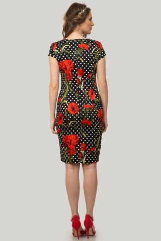 Rochie neagra tip creion cu imprimeu floral si buline