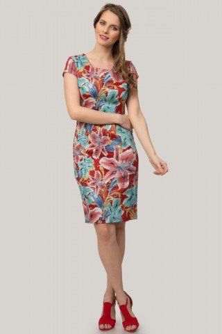 Rochie rosie tip creion cu imprimeu floral