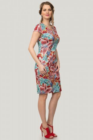 Rochie rosie tip creion cu imprimeu floral