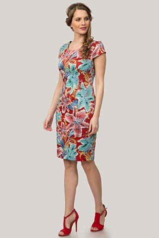 Rochie rosie tip creion cu imprimeu floral