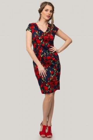 Rochie bleumarin tip creion cu imprimeu floral