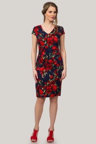 Rochie bleumarin tip creion cu imprimeu floral