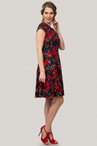 Rochie bleumarin cu pliuri, imprimeu floral si anchior