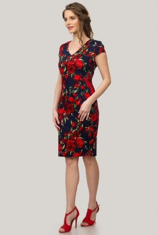 Rochie bleumarin cu pliuri, imprimeu floral si anchior