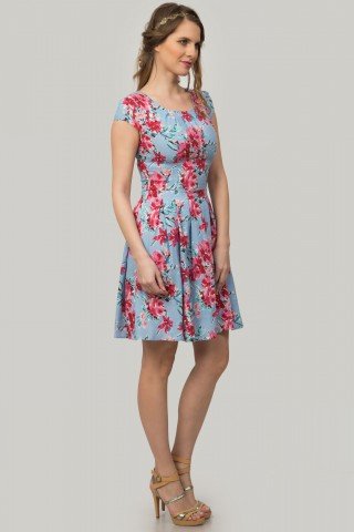 Rochie bleu din in cu pliuri si imprimeu floral