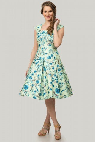 Rochie verde cu pliuri si imprimeu floral albastru