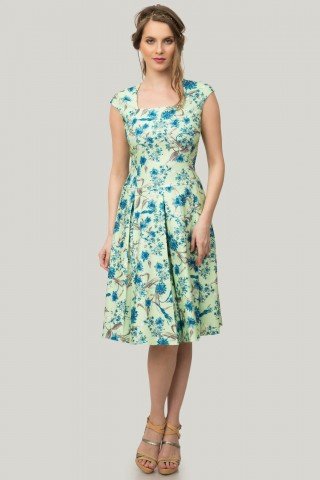 Rochie verde cu pliuri si imprimeu floral albastru