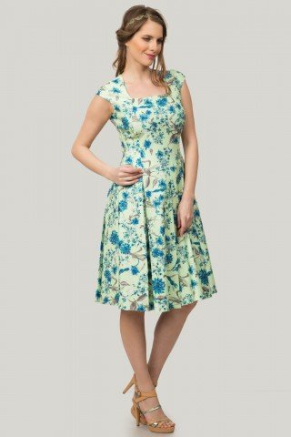 Rochie verde cu pliuri si imprimeu floral albastru