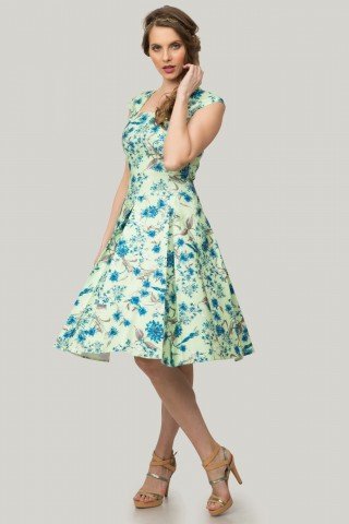 Rochie verde cu pliuri si imprimeu floral albastru