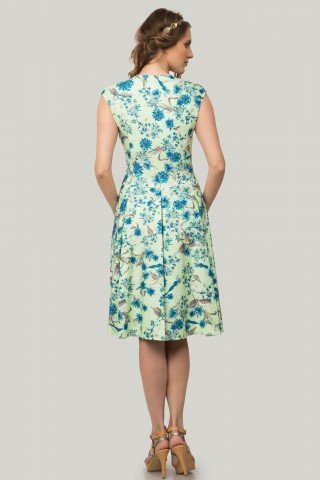 Rochie verde cu pliuri si imprimeu floral albastru