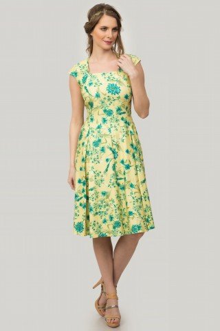 Rochie galbena cu pliuri si imprimeu floral verde