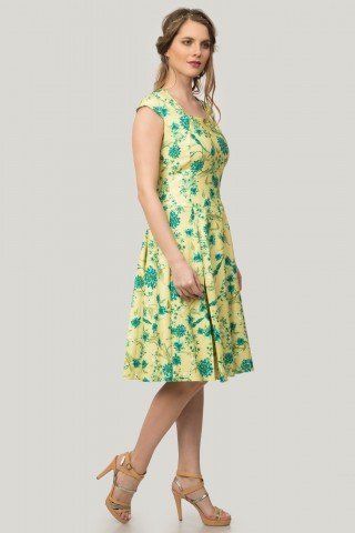 Rochie galbena cu pliuri si imprimeu floral verde