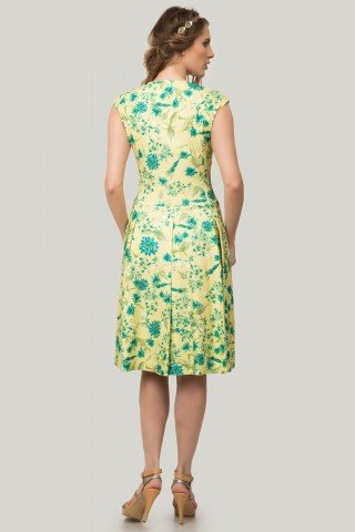 Rochie galbena cu pliuri si imprimeu floral verde