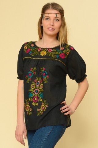 Bluza neagra tip iie cu maneca scurta si broderie manuala