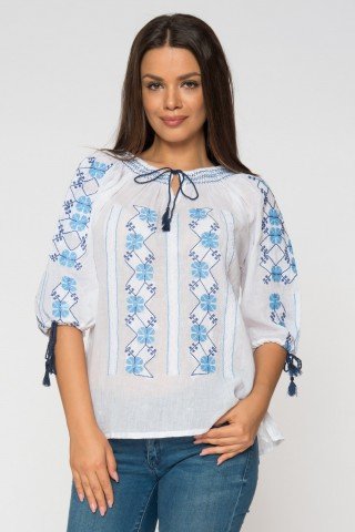 Bluza alba tip iie Ilinca cu broderie bleu