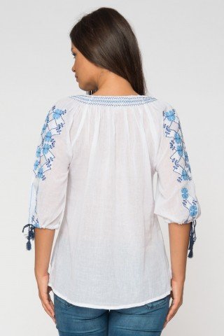 Bluza alba tip iie Ilinca cu broderie bleu