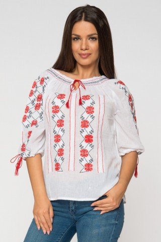 Bluza alba tip iie Ilinca cu broderie rosie