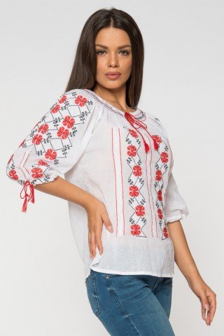 Bluza alba tip iie Ilinca cu broderie rosie