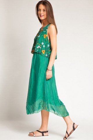 Rochie verde de matase cu broderie