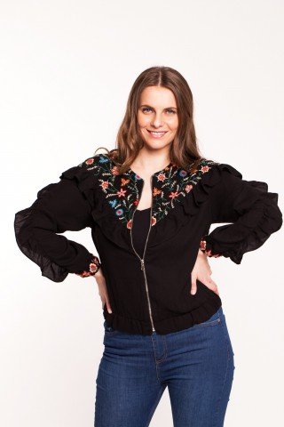 Jacheta bomber boho cu broderie florala si volan