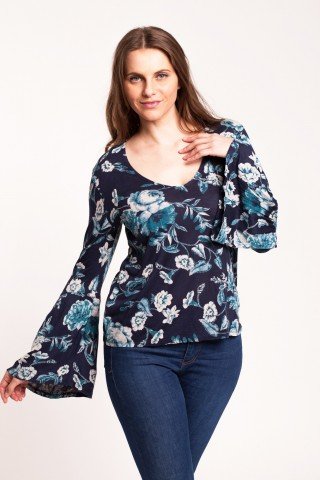 Bluza bleumarin Alion cu imprimeu floral si maneci clopot