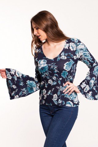 Bluza bleumarin Alion cu imprimeu floral si maneci clopot