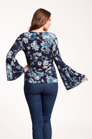 Bluza bleumarin Alion cu imprimeu floral si maneci clopot