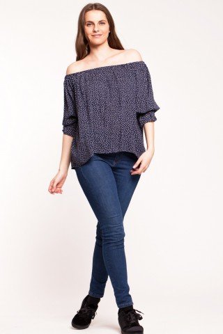 Bluza bleumarin casual din vascoza Brighitta cu buline imprimate