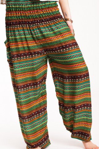 Pantaloni in dungi verzi din vascoza cu elastic lat