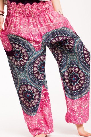 Pantaloni mandala roz-turcoaz din vascoza cu elastic lat