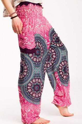 Pantaloni mandala roz-turcoaz din vascoza cu elastic lat