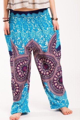 Pantaloni mandala bleu-mov din vascoza cu elastic lat