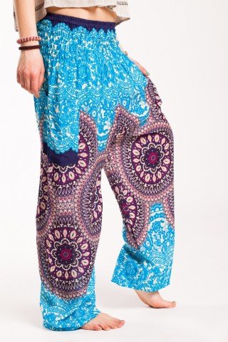 Pantaloni mandala bleu-mov din vascoza cu elastic lat