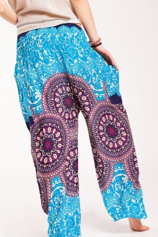 Pantaloni mandala bleu-mov din vascoza cu elastic lat