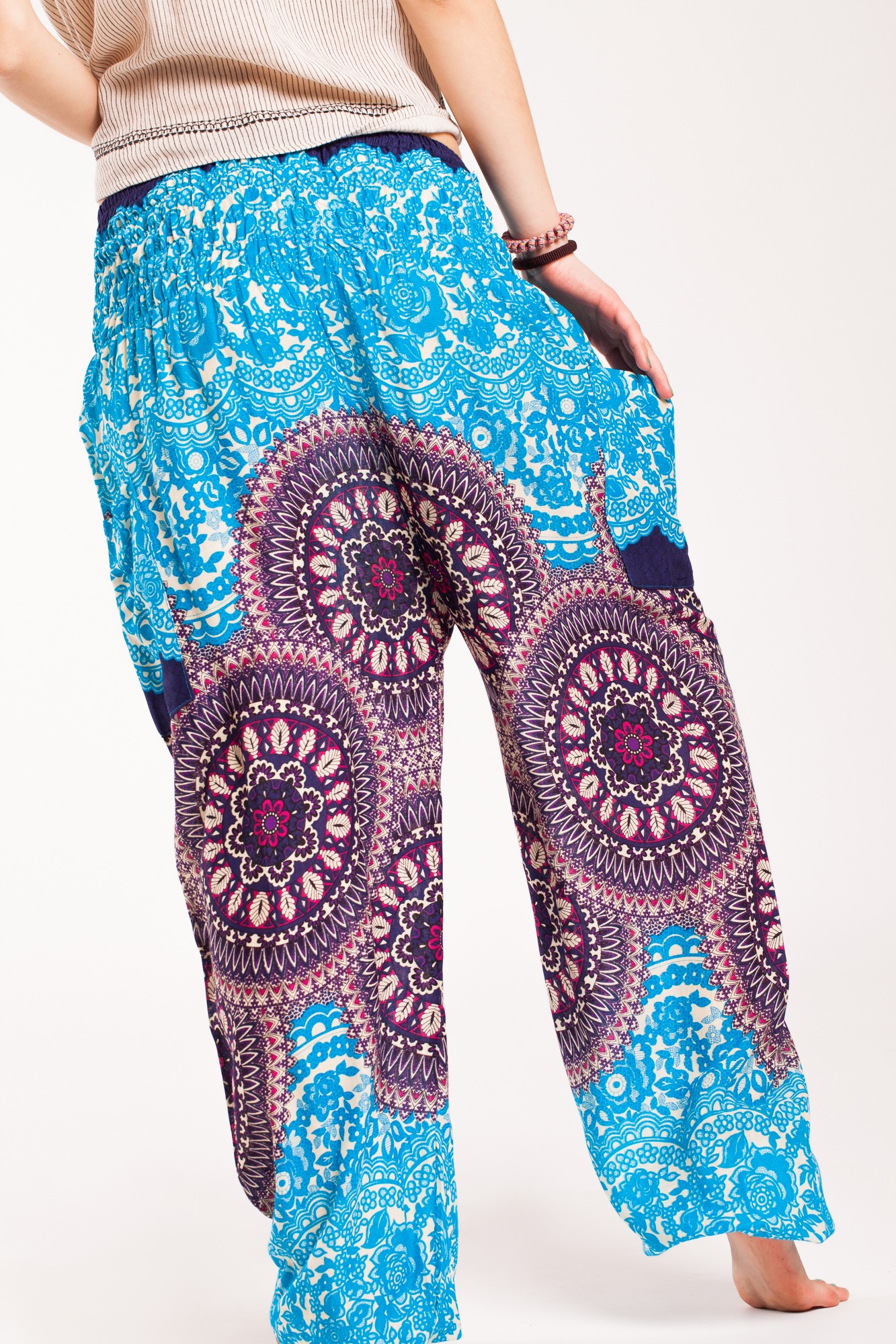 Pantaloni mandala bleu-mov din vascoza cu elastic lat