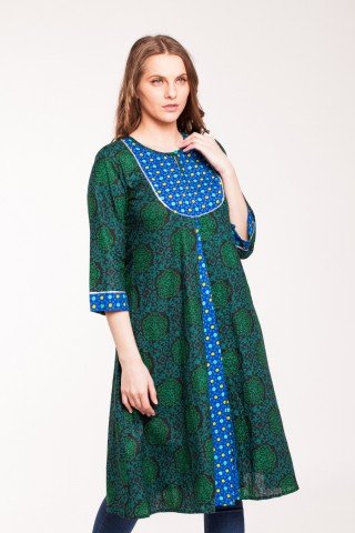 Tunica neagra tip kurta cu imprimeu verde Anarkali