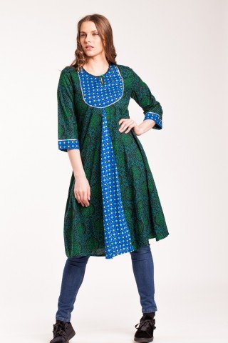 Tunica neagra tip kurta cu imprimeu verde Anarkali