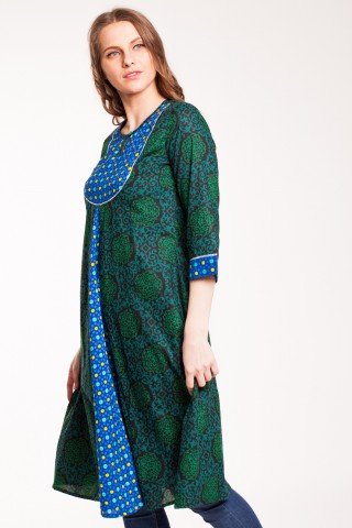 Tunica neagra tip kurta cu imprimeu verde Anarkali