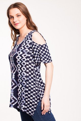 Bluza bleumarin din vascoza cu imprimeu geometric si margele aplicate