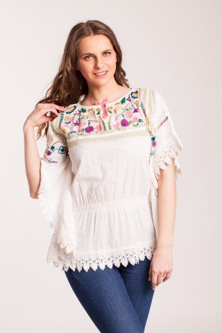 Bluza alba tip poncho din bumbac Ania si broderie colorata