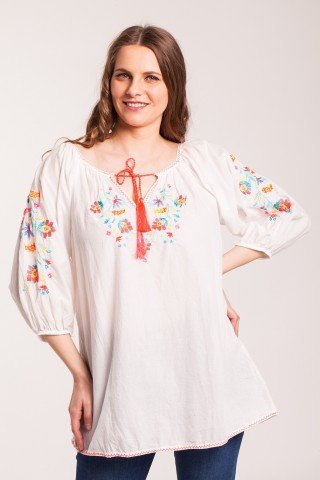 Bluza alba tip iie din bumbac cu broderie multicolora