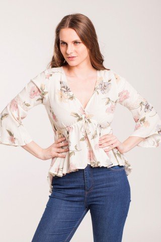 Bluza crem eleganta cu imprimeu floral si maneci clopot