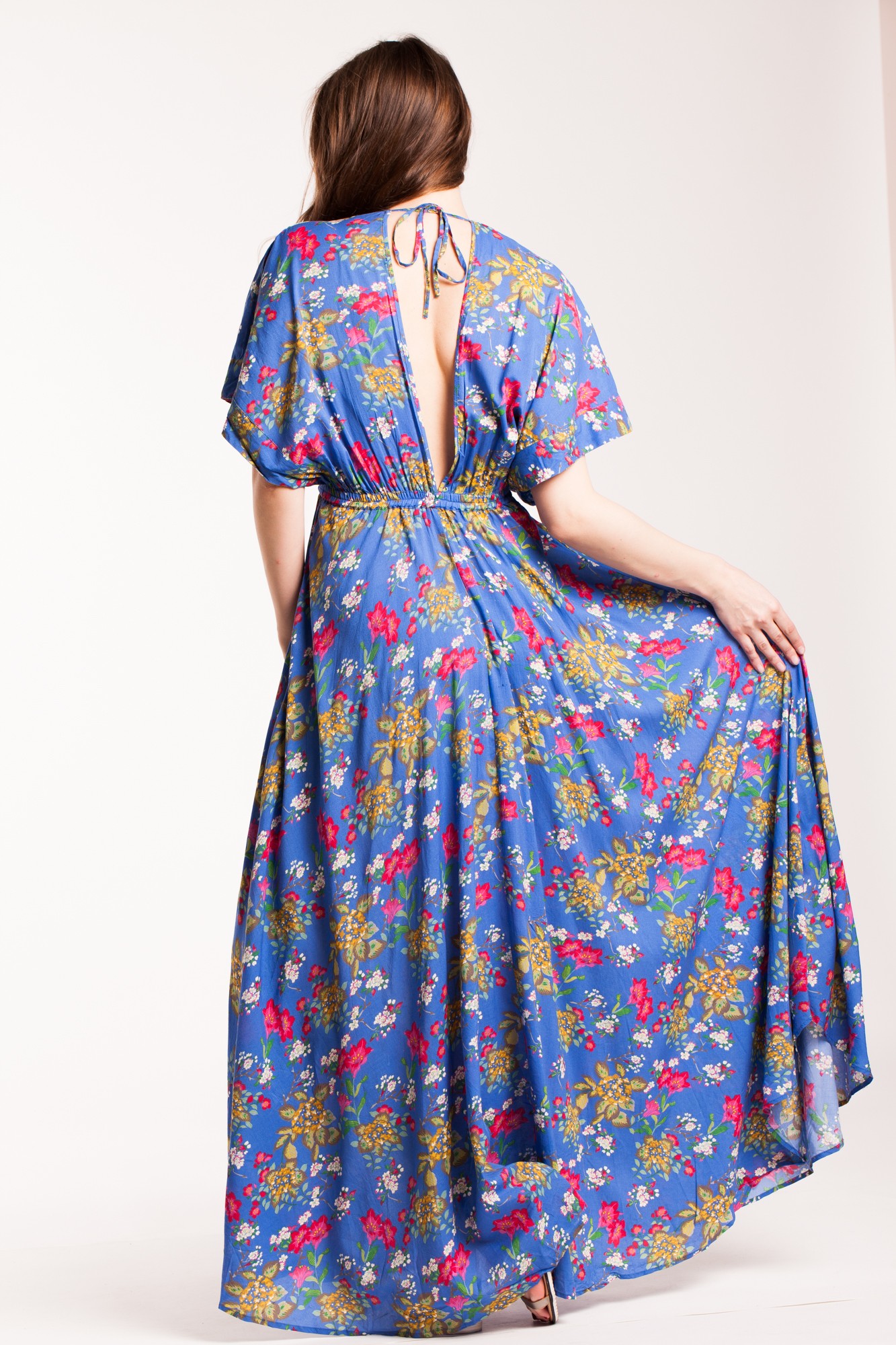 Rochie albastra lunga din bumbac Gipsy cu imprimeu floral