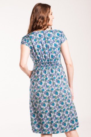 Rochie bleumarin casual cu buzunare si imprimeu floral