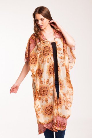 Kimono peach lung cu imprimeu floral