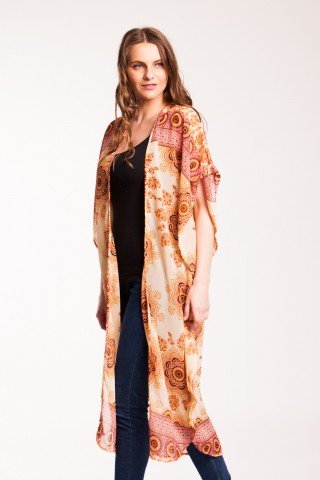 Kimono peach lung cu imprimeu floral